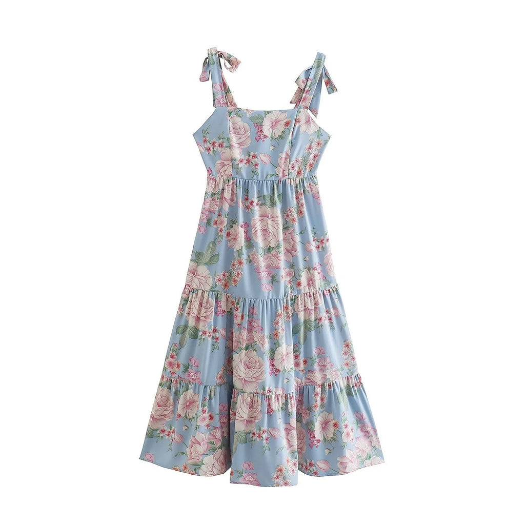 Women Clothing French High Waist Slimming Printed Backless Lace up Back Bow Tie Dress Bella Mia