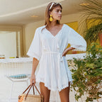 Rayon V neck Lace up Beach Beach Cover Up Seaside Vacation Swimsuit Sun Protection Clothing for Women Bella Mia