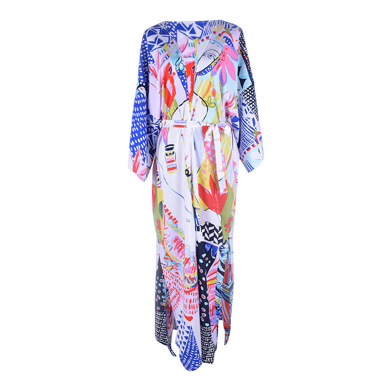 Rayon Printed Mid Length Beach Sun Protection Cardigan Beach Cover Up Swimsuit Outwear Shawl Bella Mia