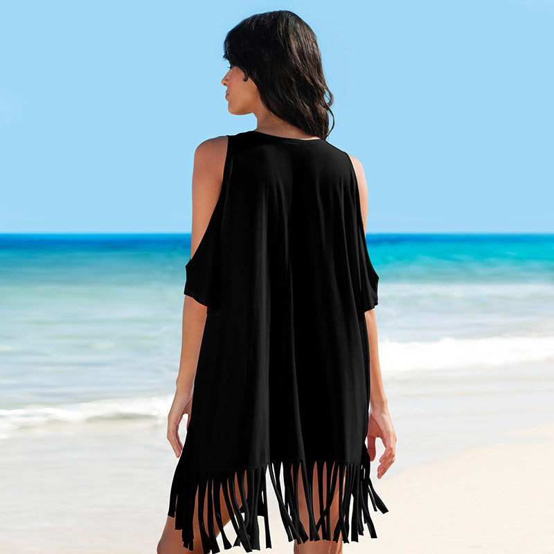 Cotton Tassel off-Shoulder Printing Loose Beach Bikini Swimsuit Blouse Coat Sun Protection Cover Bella Mia