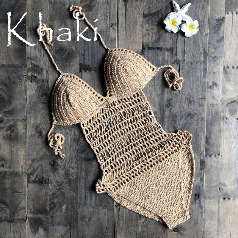Halter Hand-Woven One-Piece Swimsuit Sexy Beach Hollow Out Cutout out German Swimsuit Women Bella Mia