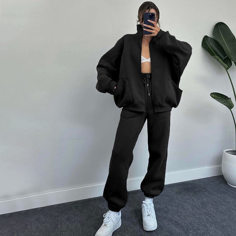 Autumn Winter Solid Color Stand Collar Cardigan Long Sleeve Sweaters Women Clothing Casual Trousers Suit Bella Mia