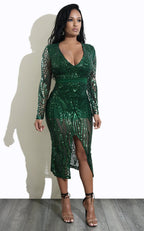 Sexy Deep V Plunge Plunge Split Sequin Long Sleeve Dress Nightclub Bella Mia