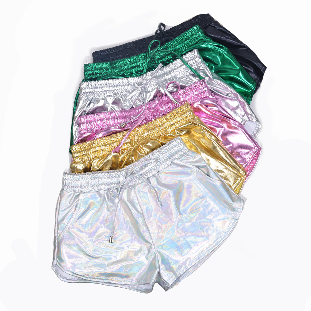 Metallic Coated Fabric Solid Color All Matching Elastic Lace Shorts Leather Pants Patent Leather Pants Sexy Women Wear Bella Mia