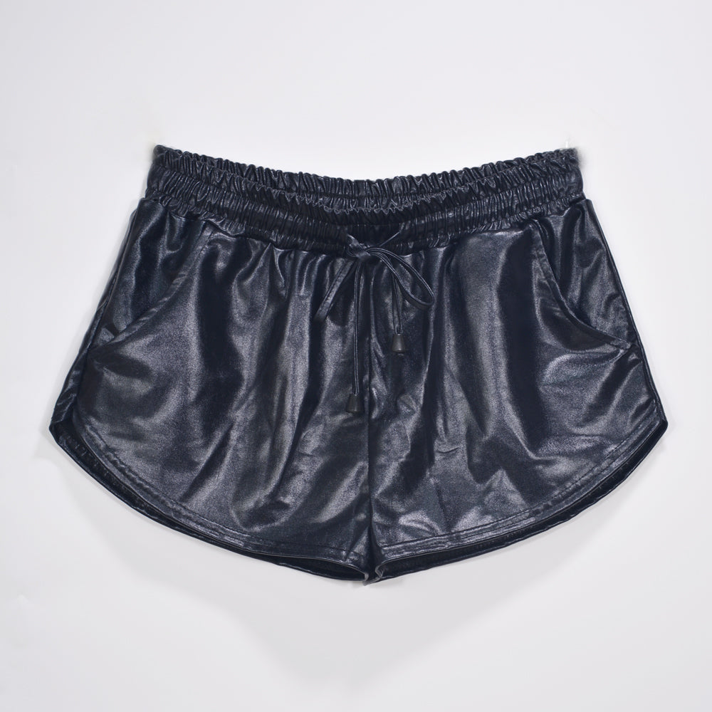 Metallic Coated Fabric Solid Color All Matching Elastic Lace Shorts Leather Pants Patent Leather Pants Sexy Women Wear Bella Mia