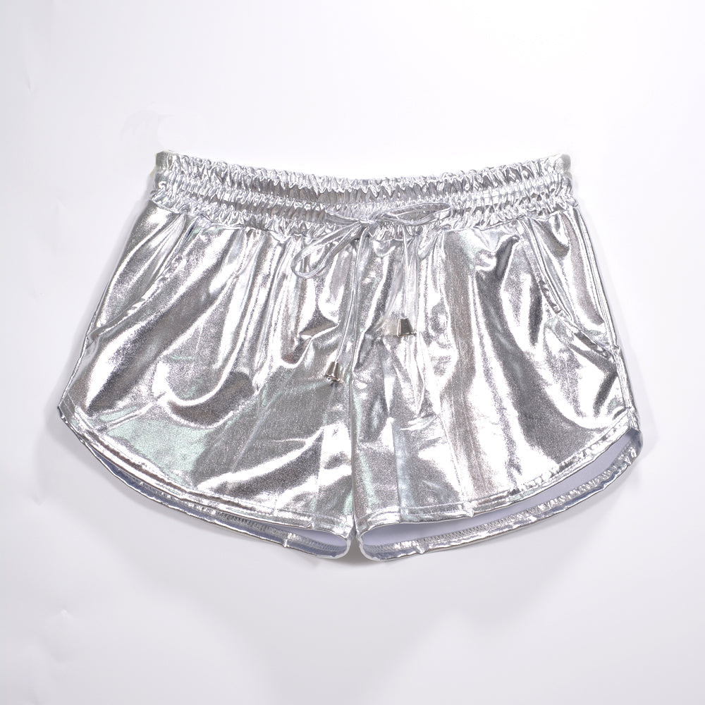 Metallic Coated Fabric Solid Color All Matching Elastic Lace Shorts Leather Pants Patent Leather Pants Sexy Women Wear Bella Mia