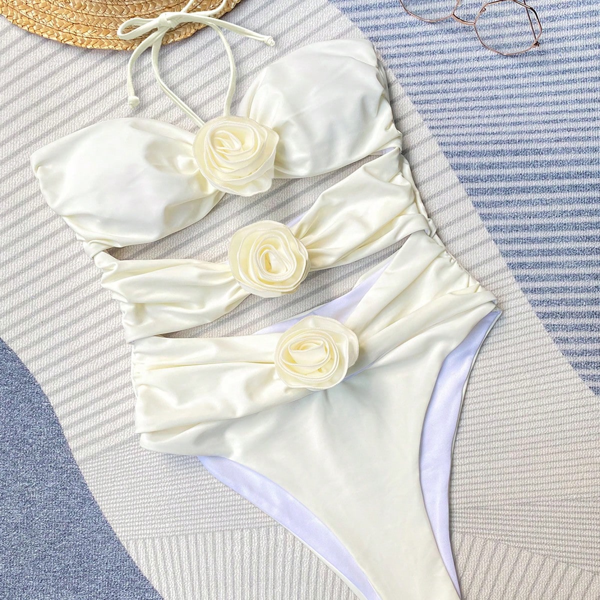 Bikinx Monochrome Halter Neck Flower Decoration Sexy One Piece Swimsuit Bella Mia