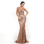 Women Evening Dress Sexy V-neck Sleeveless Sequined Geometric Abstract Vintage Backless Elegant Maxi Reflective Dress Formal Gown Bella Mia