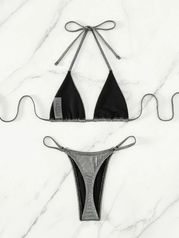 Sexy Three Piece Bikini Silver Thin Glittering Special Fabric Lace up Women Swimsuit Bella Mia