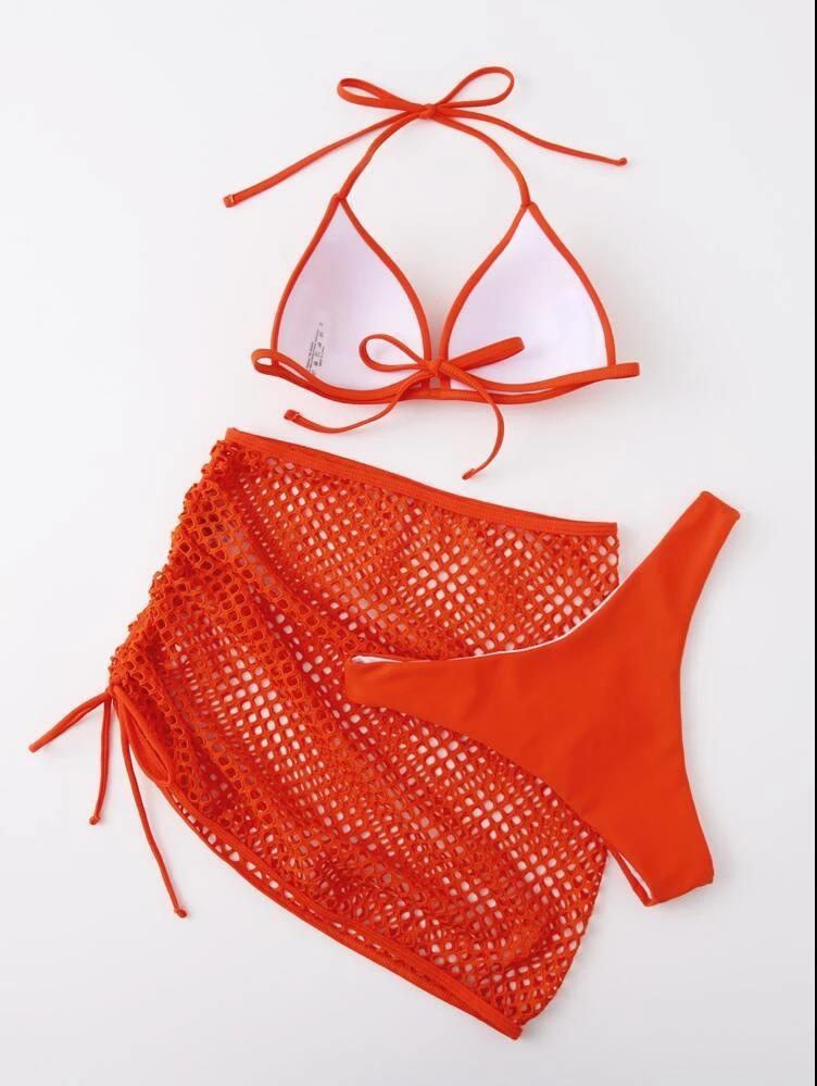 Sexy Solid Color Three-Piece Mesh Women Swimsuit