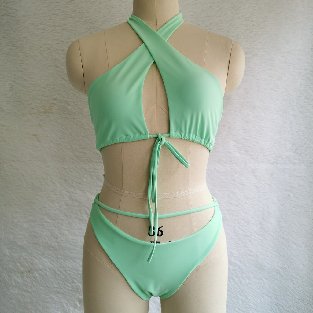 Split Tether Criss Cross Halterneck Bikini Sexy Swimsuit Bikini Solid Color Swimsuit Bella Mia