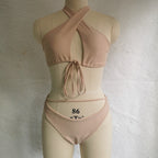 Split Tether Criss Cross Halterneck Bikini Sexy Swimsuit Bikini Solid Color Swimsuit Bella Mia