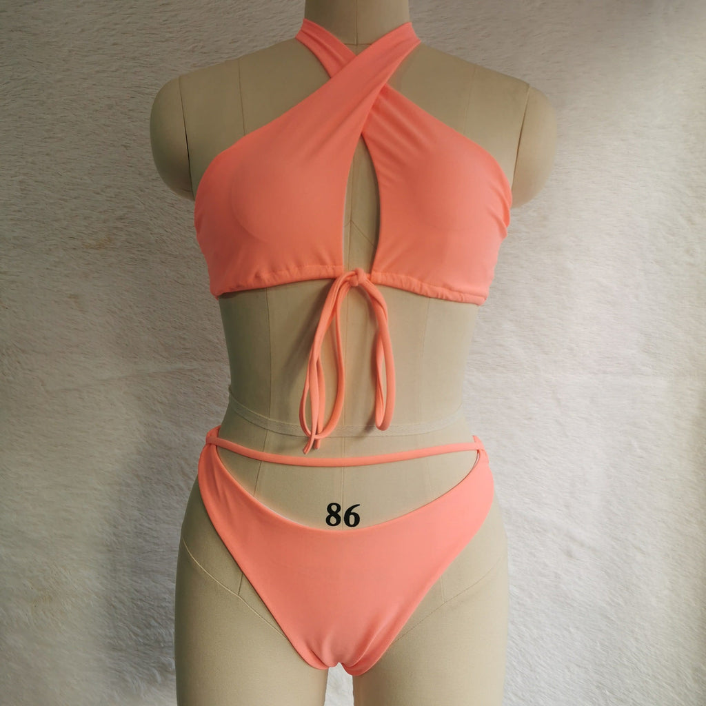 Split Tether Criss Cross Halterneck Bikini Sexy Swimsuit Bikini Solid Color Swimsuit Bella Mia