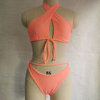 Split Tether Criss Cross Halterneck Bikini Sexy Swimsuit Bikini Solid Color Swimsuit Bella Mia