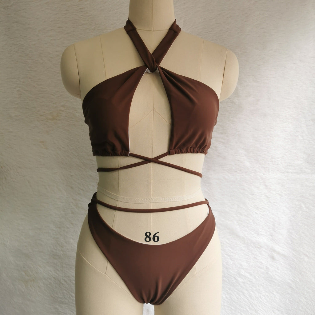 Split Tether Criss Cross Halterneck Bikini Sexy Swimsuit Bikini Solid Color Swimsuit Bella Mia