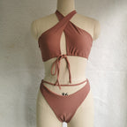 Split Tether Criss Cross Halterneck Bikini Sexy Swimsuit Bikini Solid Color Swimsuit Bella Mia