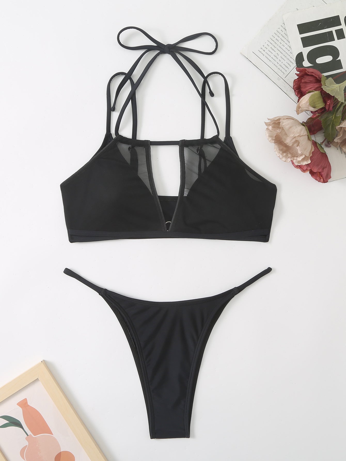 Women Solid Color Split Swimsuit Sexy Bikini Lace Tie Cutout Bella Mia
