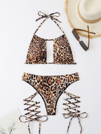 Women Bikini Leopard Print Lace up Split Swimsuit Bella Mia