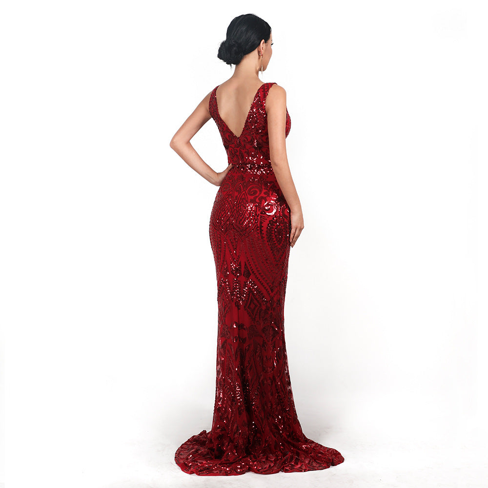 Women Evening Dress Sexy V-neck Sleeveless Sequined Geometric Abstract Vintage Backless Elegant Maxi Reflective Dress Formal Gown Bella Mia