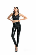 Adhesive Mirror High Elastic Leggings Faux Leather High Waist Pearlescent Colorful Red Black Women Trousers Bella Mia
