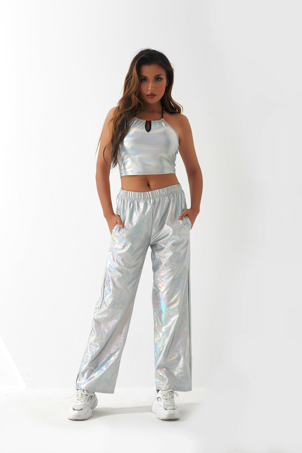 Metallic Coated Fabric Casual Pants Women High Street Design Aurora Laser Gradient High Waist Straight Pants All Matching Elastic Mop Pants Bella Mia