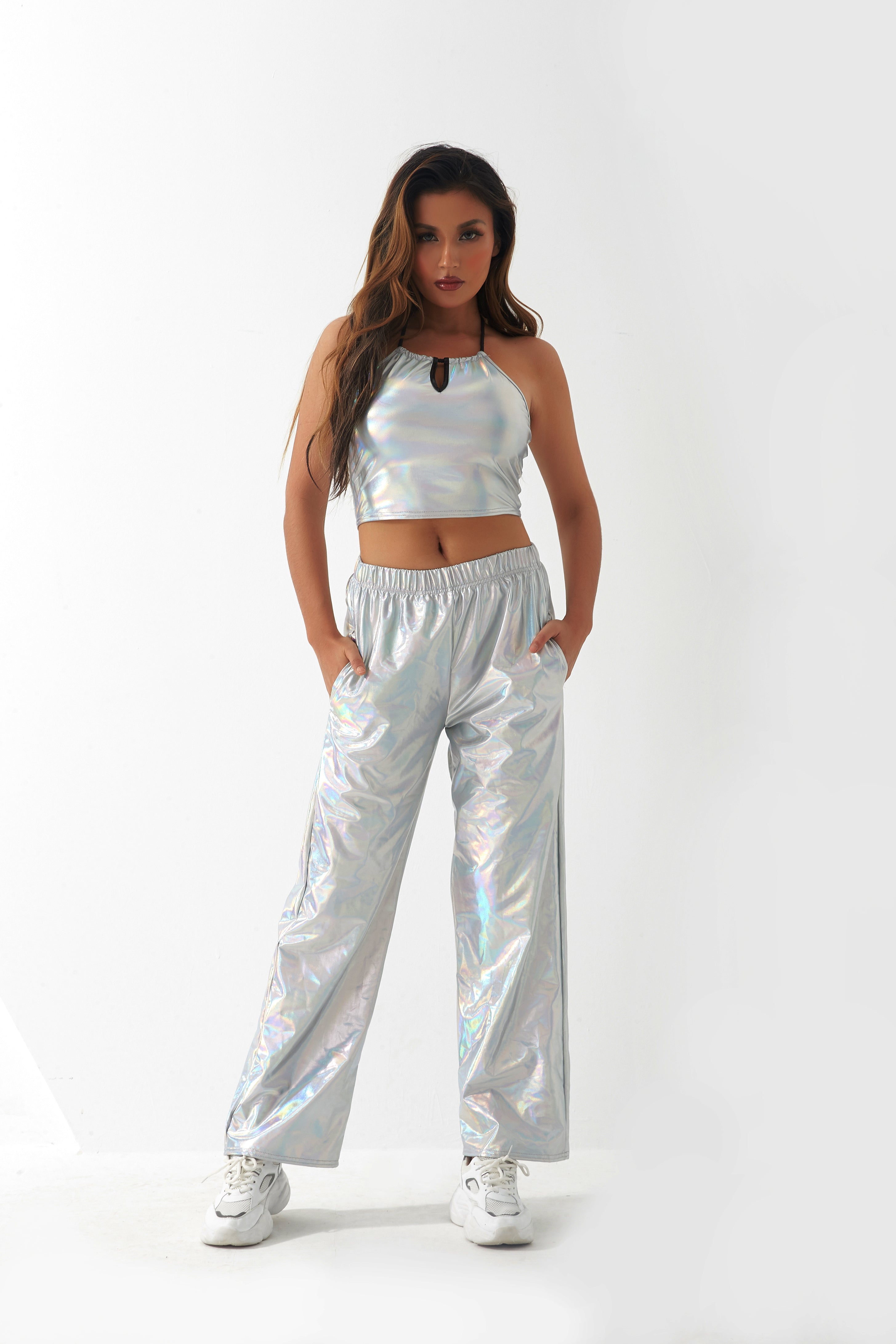 Metallic Coated Fabric Casual Pants Women High Street Design Aurora Laser Gradient High Waist Straight Pants All Matching Elastic Mop Pants Bella Mia