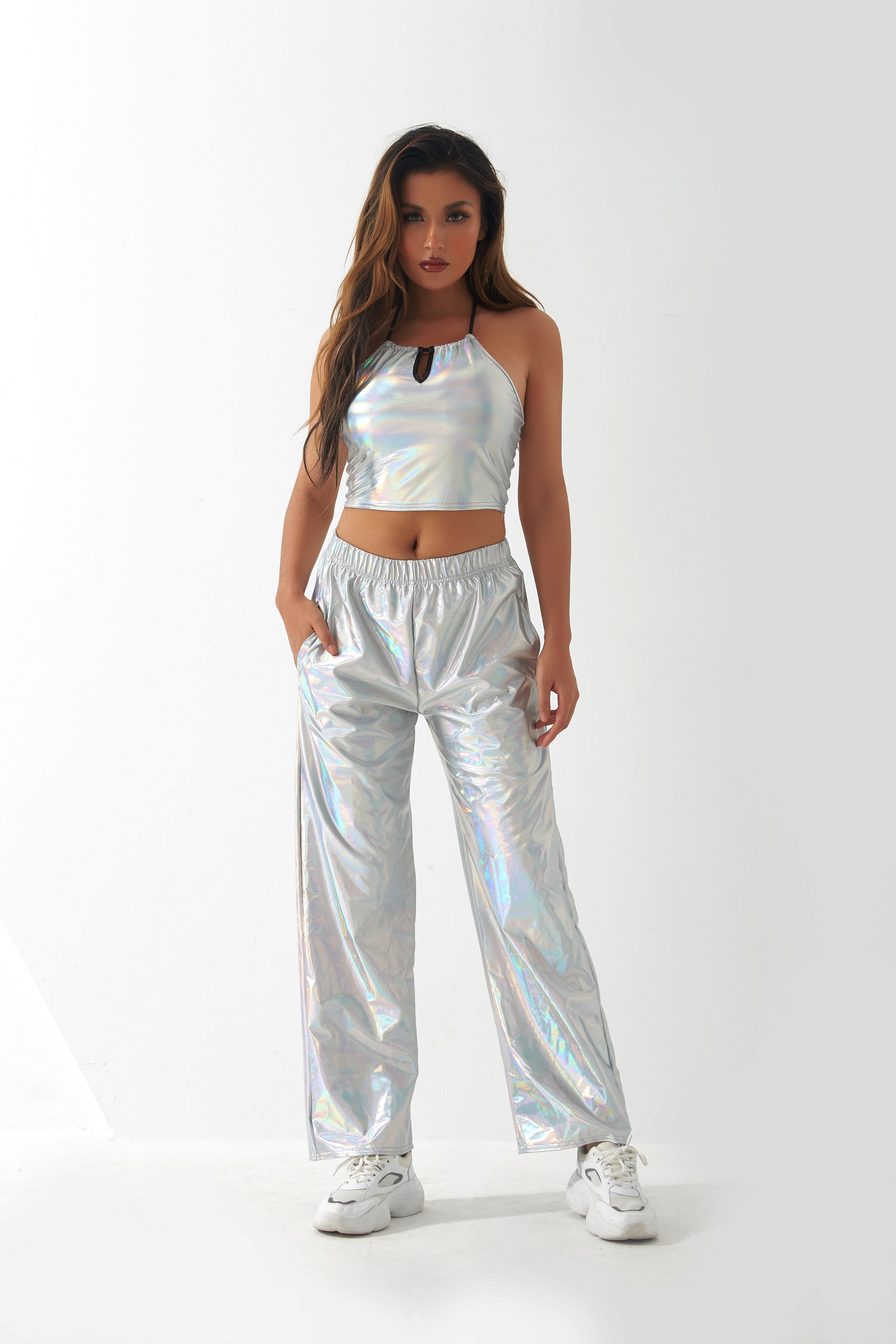 Metallic Coated Fabric Casual Pants Women High Street Design Aurora Laser Gradient High Waist Straight Pants All Matching Elastic Mop Pants Bella Mia