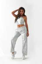 Metallic Coated Fabric Casual Pants Women High Street Design Aurora Laser Gradient High Waist Straight Pants All Matching Elastic Mop Pants Bella Mia