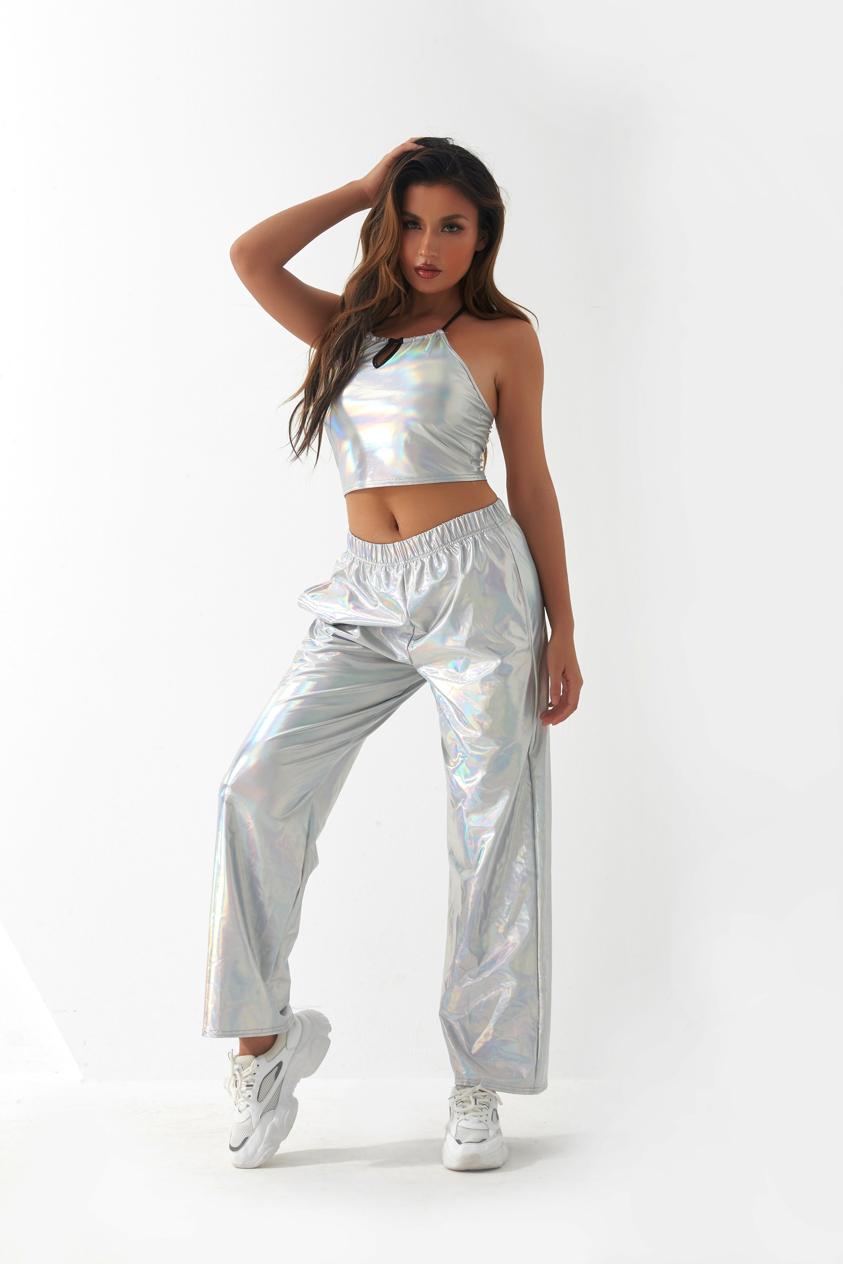 Metallic Coated Fabric Casual Pants Women High Street Design Aurora Laser Gradient High Waist Straight Pants All Matching Elastic Mop Pants Bella Mia