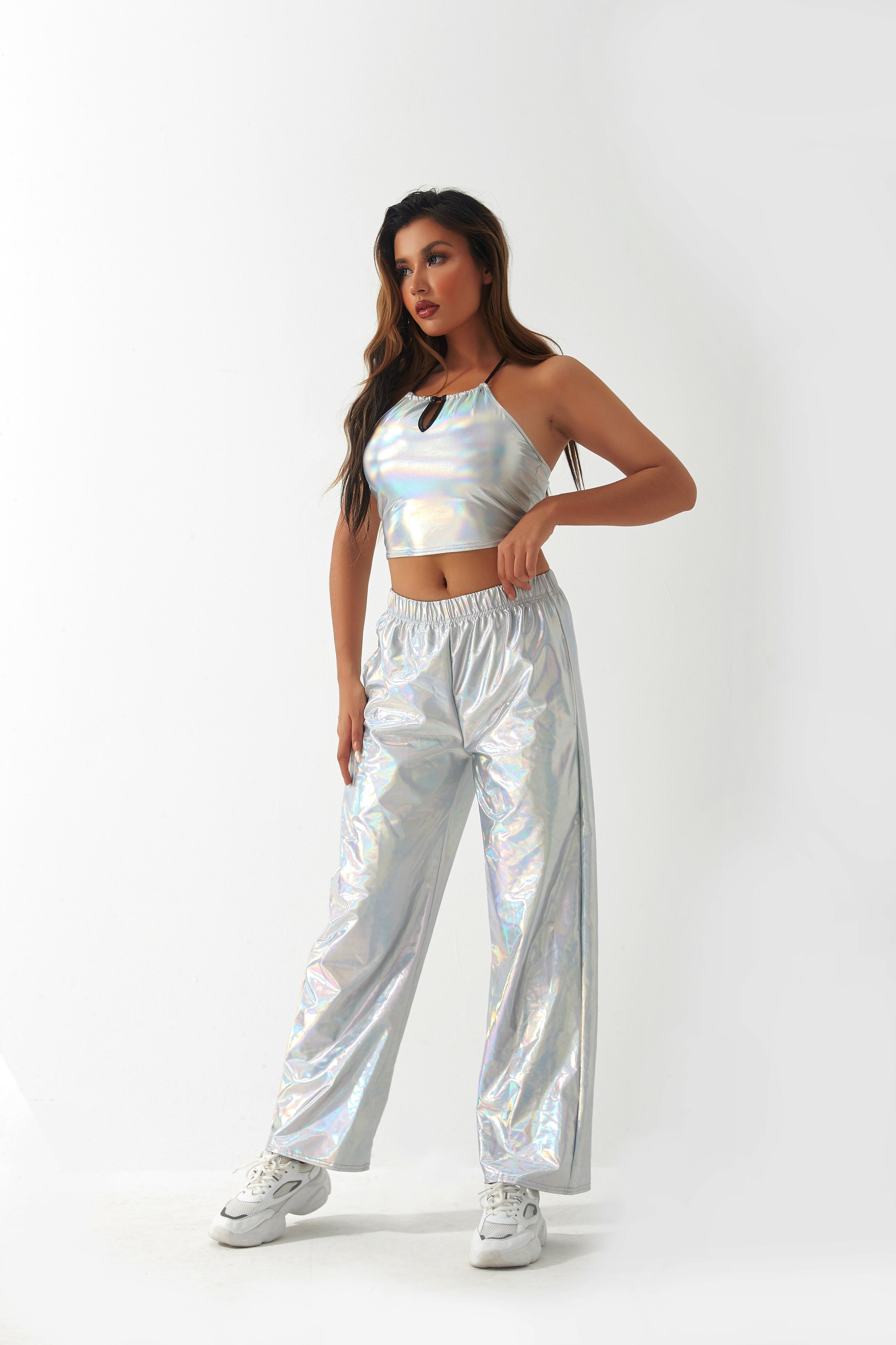 Metallic Coated Fabric Casual Pants Women High Street Design Aurora Laser Gradient High Waist Straight Pants All Matching Elastic Mop Pants Bella Mia