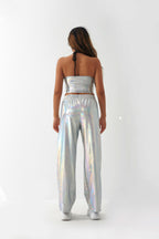 Metallic Coated Fabric Casual Pants Women High Street Design Aurora Laser Gradient High Waist Straight Pants All Matching Elastic Mop Pants Bella Mia