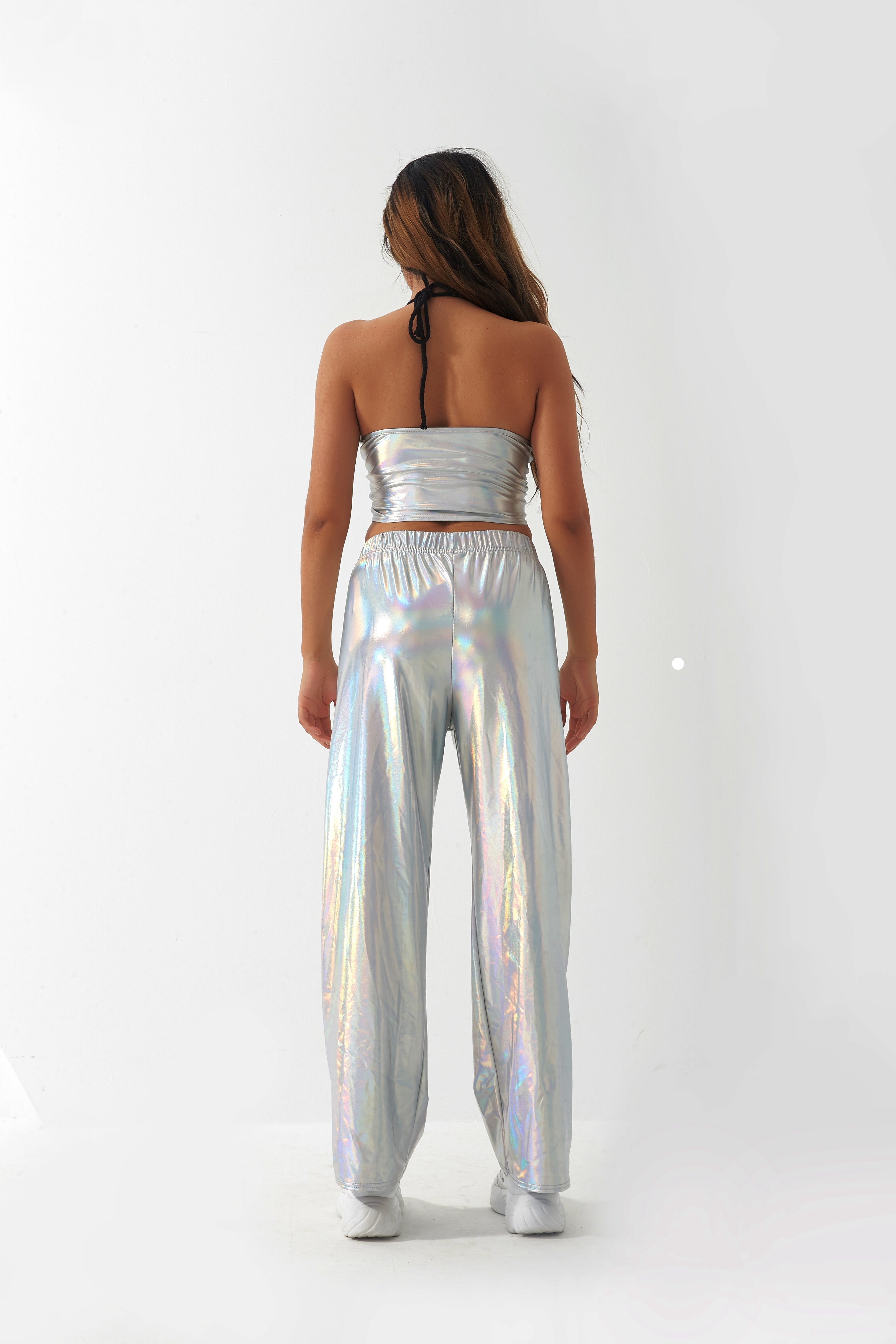 Metallic Coated Fabric Casual Pants Women High Street Design Aurora Laser Gradient High Waist Straight Pants All Matching Elastic Mop Pants Bella Mia