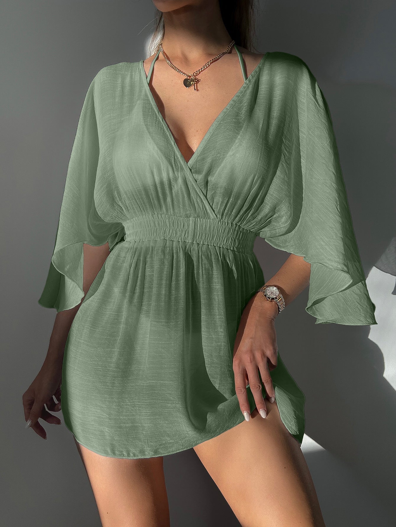 Summer Bikini Beach Dress Sun Protection by the Sea V neck Waist Controlled Long Sleeves Backless Blouse Women Bella Mia