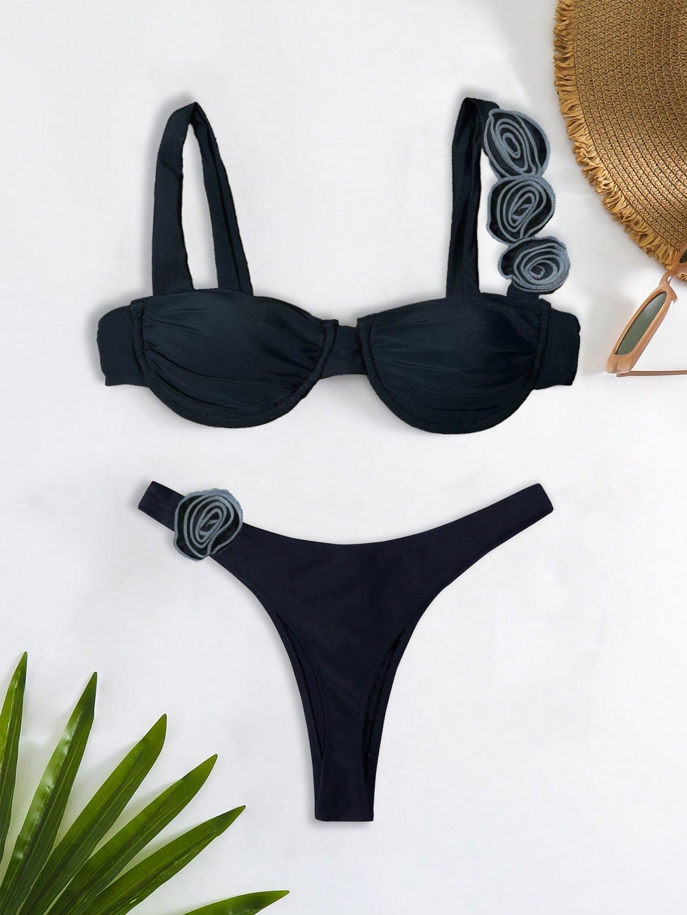 Bikinx Solid Color Steel Ring & 3d Flower Design Sexy Two piece Swimsuit Bella Mia