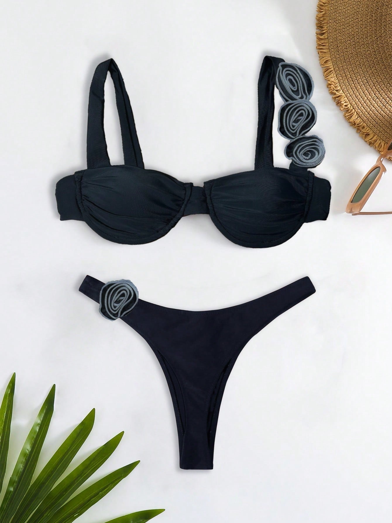 Bikinx Solid Color Steel Ring & 3d Flower Design Sexy Two piece Swimsuit Bella Mia