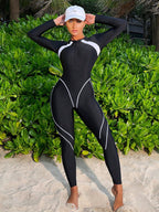 Bikinx Zip Up Long Sleeve Colorblock And Patchwork Athletic One piece Swimsuit With Slimming Effect Bella Mia