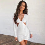 Sexy V-neck Long Sleeve Hollow Out Cutout Sheath Dress Wish Autumn Winter Women Wear Bella Mia