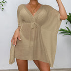Drop Shoulder Loose Beach Cover-up Solid Color Sun Protection Shirt Waist Trimming Lace up Beach Cover Up Bella Mia