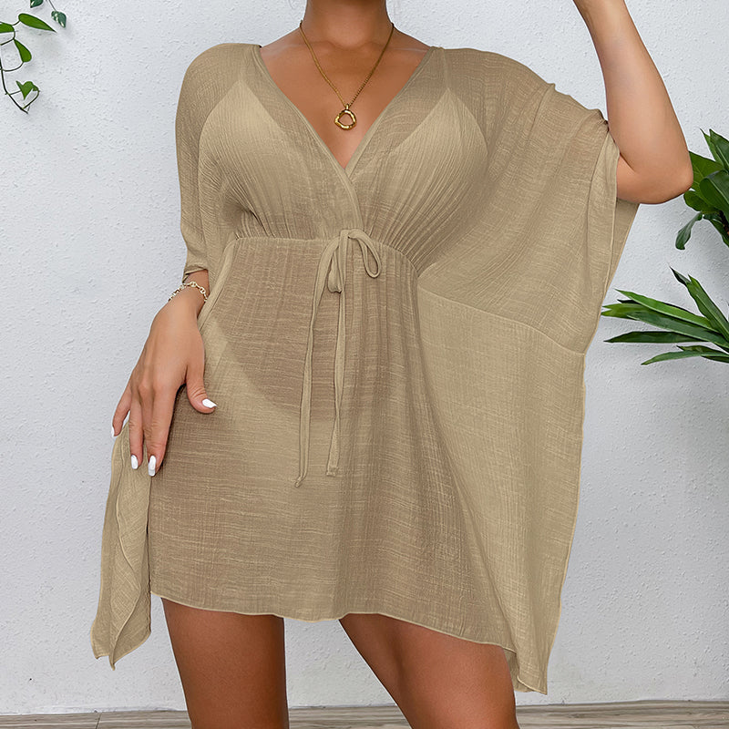 Drop Shoulder Loose Beach Cover-up Solid Color Sun Protection Shirt Waist Trimming Lace up Beach Cover Up Bella Mia