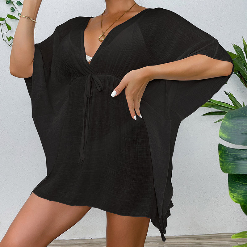 Drop Shoulder Loose Beach Cover-up Solid Color Sun Protection Shirt Waist Trimming Lace up Beach Cover Up Bella Mia