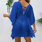 Drop Shoulder Loose Beach Cover-up Solid Color Sun Protection Shirt Waist Trimming Lace up Beach Cover Up Bella Mia