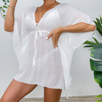 Drop Shoulder Loose Beach Cover-up Solid Color Sun Protection Shirt Waist Trimming Lace up Beach Cover Up Bella Mia