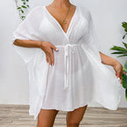 Drop Shoulder Loose Beach Cover-up Solid Color Sun Protection Shirt Waist Trimming Lace up Beach Cover Up Bella Mia
