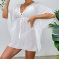 Drop Shoulder Loose Beach Cover-up Solid Color Sun Protection Shirt Waist Trimming Lace up Beach Cover Up Bella Mia
