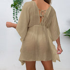 Drop Shoulder Loose Beach Cover-up Solid Color Sun Protection Shirt Waist Trimming Lace up Beach Cover Up Bella Mia