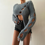 Sweater Women Cropped Hollow Out Cutout Long Sleeve Solid Color round Neck Knitted Sweater Women Bella Mia