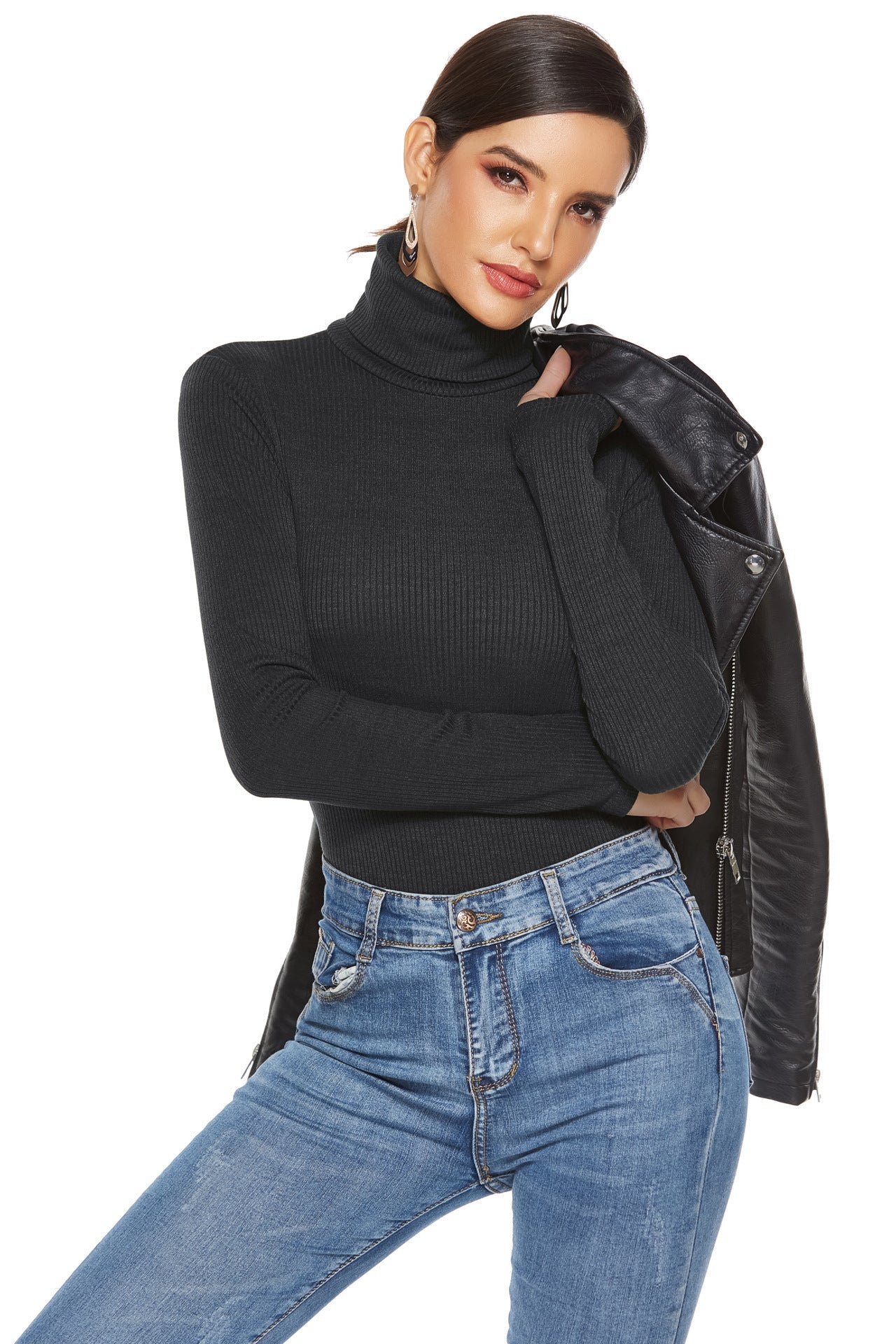 Autumn Winter Women Clothing Sweater Long Sleeve Turtleneck Slim Bottoming Shirt Solid Color Triangle Sexy Knitted Jumpsuit Bella Mia
