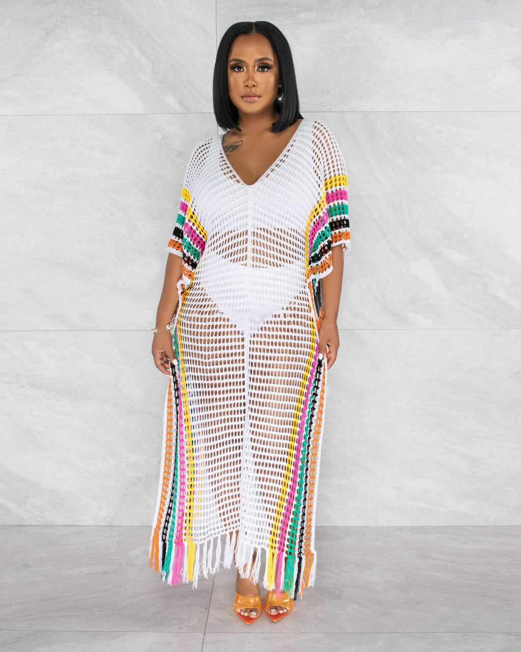Summer Women Dress Sexy Woolen Hand Crochet Knitted Tassel Color Matching Beach Dress Bella Mia