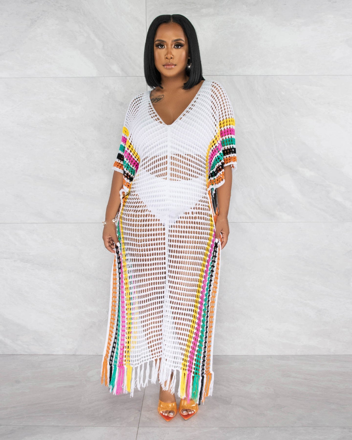 Summer Women Dress Sexy Woolen Hand Crochet Knitted Tassel Color Matching Beach Dress Bella Mia