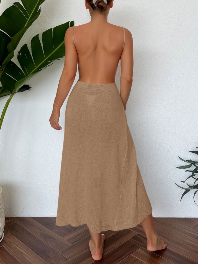Women Knitted Halterneck with Suspenders Sexy Cutout Side High Slit Tassel Dress Beach Maxi Dress Crochet hook Bella Mia
